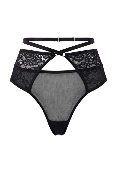 Trendyol Collection Black Cross Waist Detailed Cut Out Lace/Tulle Thong Panti...