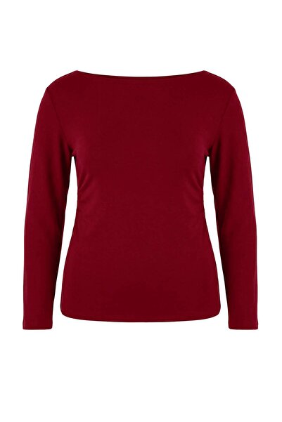 Trendyol Curve Red Soft Fabric Boat Neck Ruched Detail Knitted Plus Size Blou...