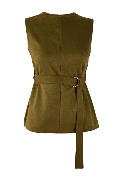 Trendyol Collection Χακί υφαντό σουέτ μπλουζάκι με ζώνη TWOSS26BZ00090