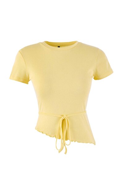 Trendyol Collection Light Yellow Fitted/Bodycon Tie Detail Cotton Rib Knit Bl...