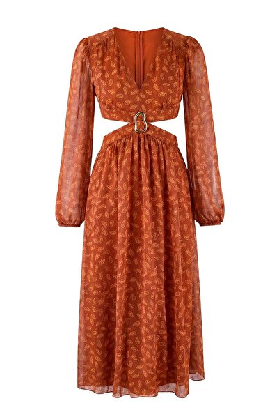 Trendyol Collection Tile Cut Out Accessory Detail Chiffon Maxi Woven Dress Tw...