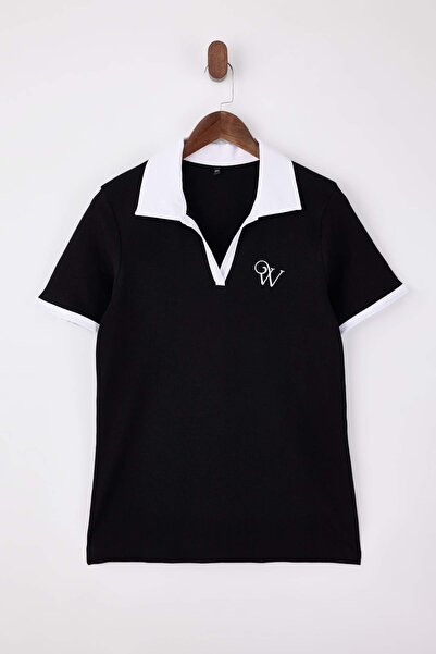 Trendyol Curve Black Polo Neck Contrast Color Detailed Embroidered Corded Fab...