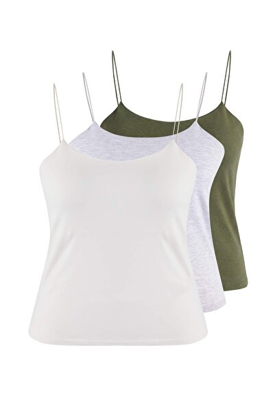 Trendyol Curve Khaki-White-Grey 3-Pack Thin Strap Crop Plus Size Tank Top Tbb...