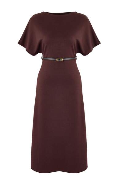 Trendyol Collection Καφέ φόρεμα με κοντό μανίκι σε σχήμα A/καμπάνα με λαιμόκο...