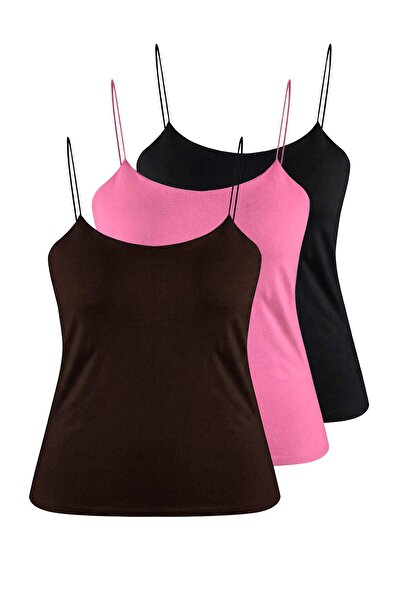 Trendyol Curve Black-Brown-Pink 3-Pack Thin Strap Crop Plus Size Tank Top Tbb...