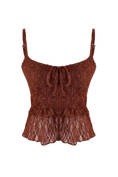 Trendyol Collection Καφέ πλεκτή μπλούζα με λαιμόκοψη σε σχήμα V, αμάνικη, με ...