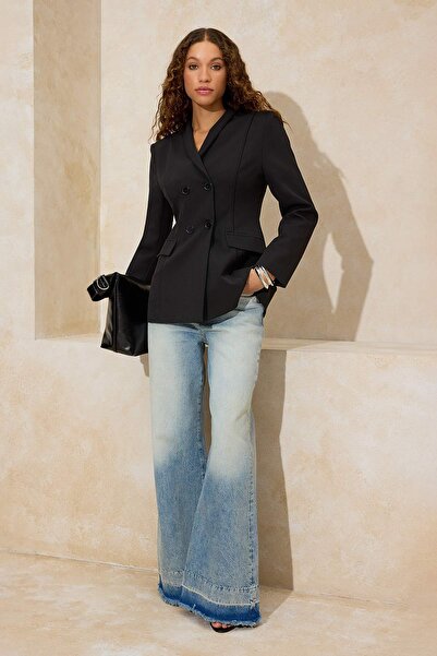 Trendyol Collection Blazer cu guler șal negru, cu detaliu de închidere, cu că...