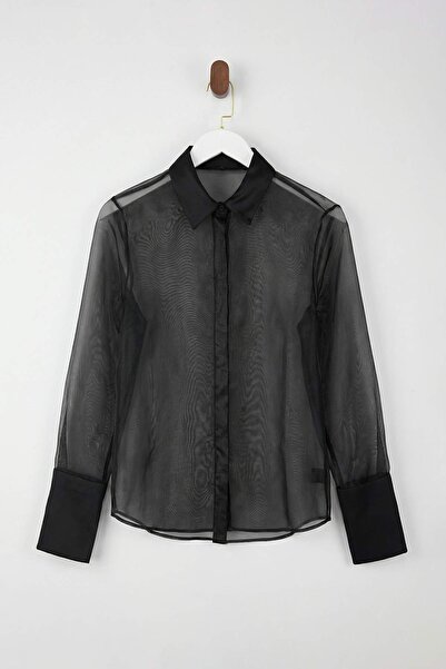 ترينديول كوليكشن قميص حفلات أسود من الأورجانزا ذو قصة واسعة بدون بطانة TPRSS2...