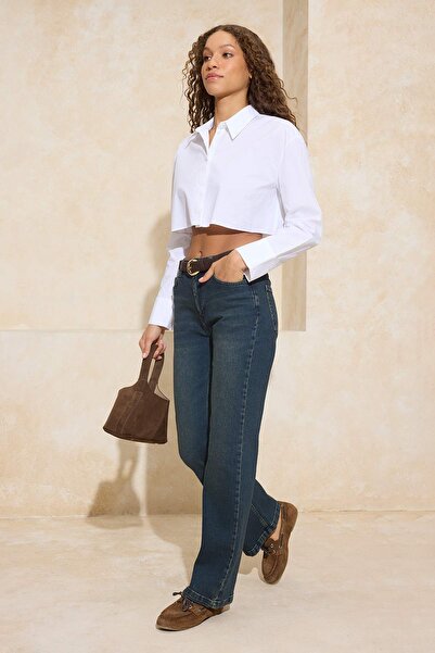 Trendyol Collection Blau-grüne, verblasste High-Waist-Jeans mit bequemem, deh...