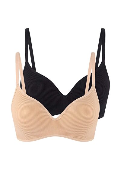 Trendyol Collection Black-Tan 2-Pack Micro Striped Fixed Cup T-Shirt Bra Thms...