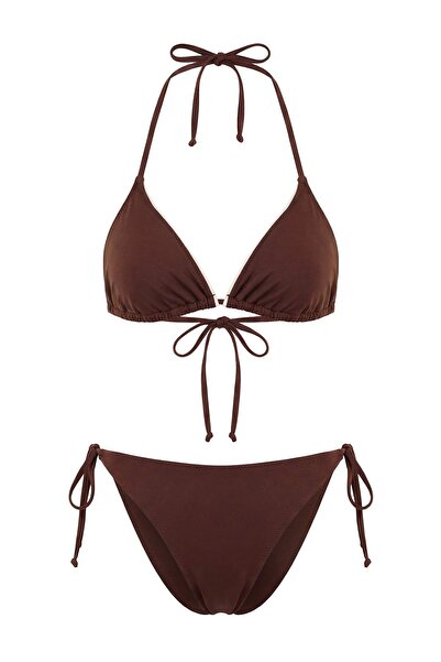 Trendyol Collection Σετ μπικίνι με κανονική μέση, μονόχρωμο καφέ-εκρού, με μπ...