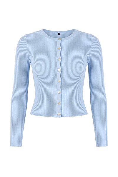 Trendyol Collection Light Blue Mercerized Look Corded Fabric Knitwear Cardiga...