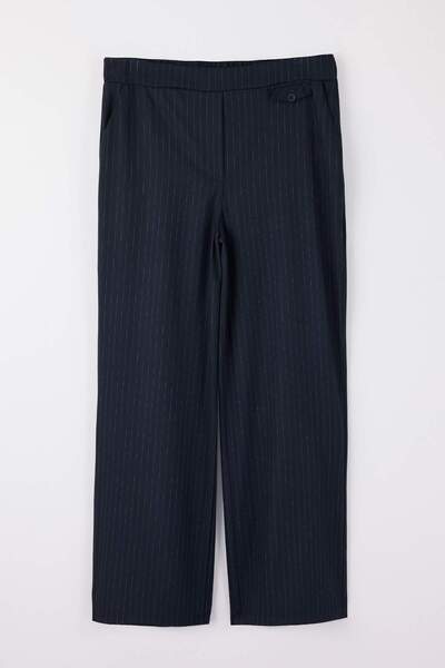 Trendyol Curve Navy Blue Striped Rubber Waist Wide Leg Plus Size Fabric Pants...