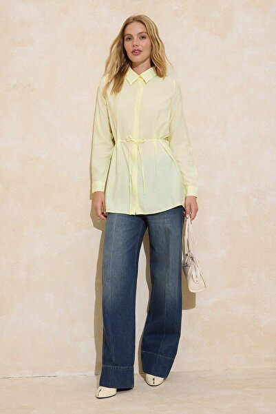 Trendyol Modest Light Yellow Regular Lilyum Plain Woven Belt Detail Hijab Shi...