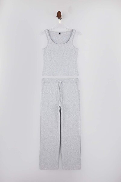 Trendyol Collection Grey Melange Fitted/Fitted Flared Cotton Ribbed Knit Bott...