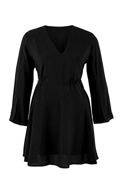 Trendyol Curve Black Lace-Up V-Neck Mini Woven Plus Size Dress Tbbss26Ah00075