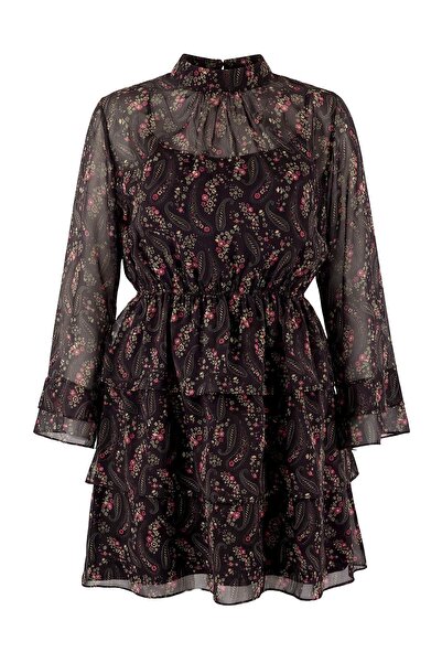 Trendyol Curve Rochie neagră, crocante, cu model floral, mini șifon, căptușit...