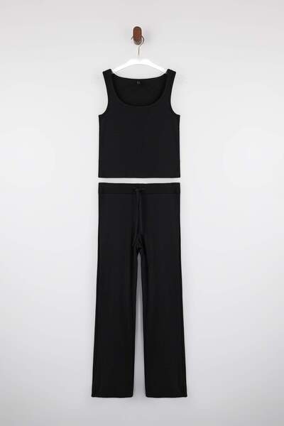 Trendyol Collection Black Fitted/Sleeveless Flared Cotton Rib-Knit Bottom-Top...