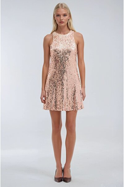 Lijuri Salmon Sequined Backless Stylish Dress 2949 R5-F-K3