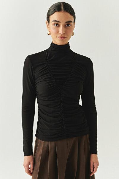 Exquise Boğazlı Drapeli Uzun Kollu Slim Fit Tül Bluz