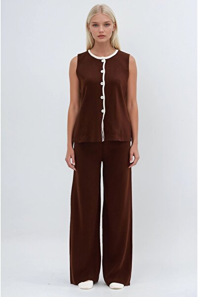 Lijuri Brown Crew Neck Striped Detail Comfortable Knitwear Set 10295