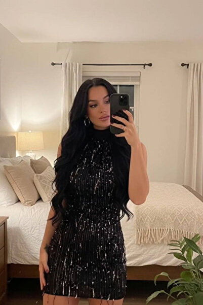Afitapbutikmoda ZR Model Sıfır Yaka Omuz Dekolte Pul Payet Mini Elbise