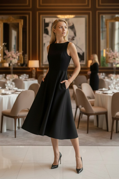 Lela Велосипедний комір, прямий крій, з кишенями, плісирована сукня середньої...