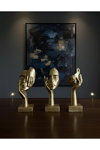 rakaymu 3 Lü El Yapımı Altın Soyut El Yüz Biblo Heykel Dekoratif Obje Seti