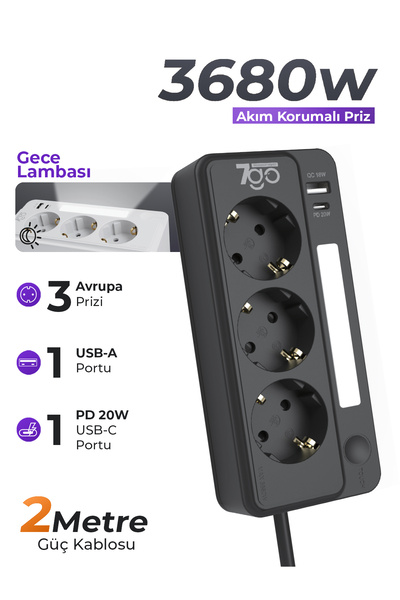 7GO 7GSP1 3680W 3'lü Priz Siyah | Akım Korumalı | 20W PD Hızlı Şarj USB | 1.9...