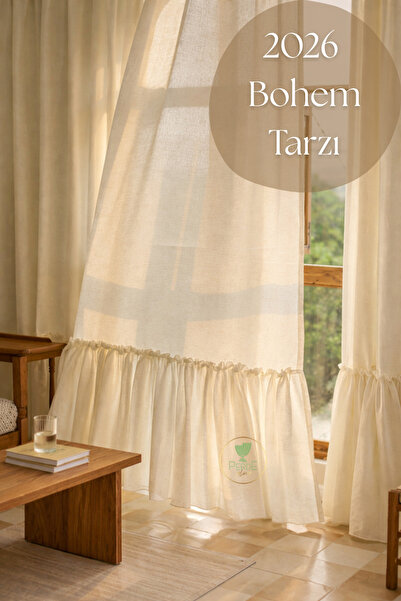 Perdeplus Keten Natural Perde Vintage Eteği Fırfırlı Pamuklu Fon Perde