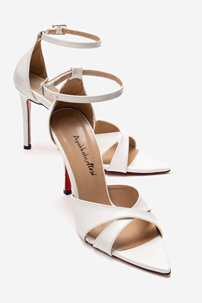 Ayakkabı Ateşi Women's White Patent Leather Cross-Strapped Ankle-Strap Stilet...