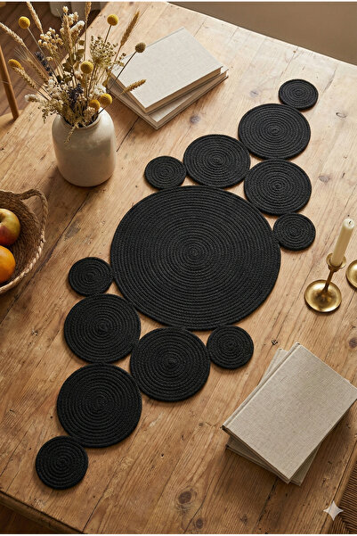 Homever Pointy Siyah Yıkanabilir Pamuk Hasır Halat Salon Sehpa Mutfak Masa Ör...