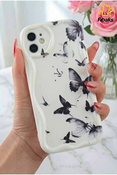 Fibaks iPhone 11 Kılıf Kamera Korumalı Silikon Siyah Kelebek Desenli Dalga Ke...