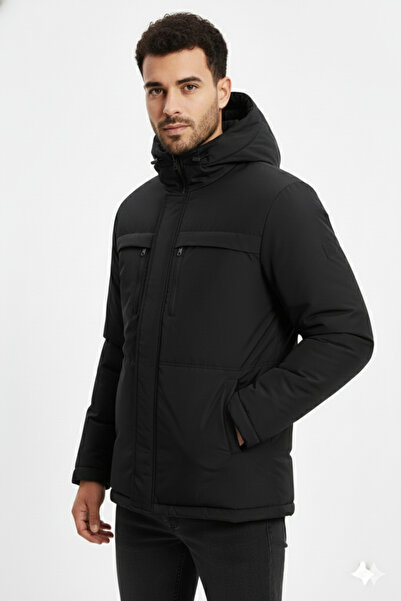 RİVERCLUP Erkek Siyah Elyaflı Rüzgar Geçirmez Kapüşonlu Kışlık Mont & Kaban &...