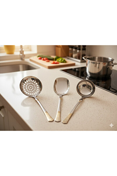 oktuay Ladle, Colander, Spoon - 3-Piece Steel Kitchen Set with Gold Handle