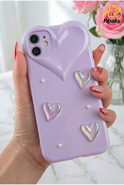 Fibaks iPhone 11 Kılıf Kalpli İnci Desenli Kalp Kamera Tasarımlı Lila Kamera ...