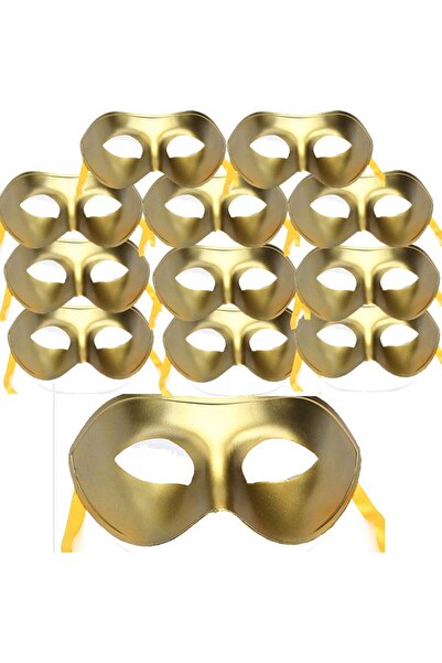 partidolu Altın Sarısı Renk Plastik Balo Maskesi Düz Renk 12 Adet
