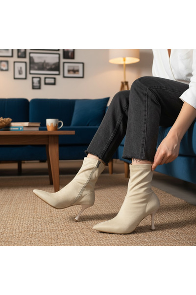 dabab shoes Kadın Marya Bej Streç Lüks Süet Yandan Fermuar Sivri Burun İnce T...