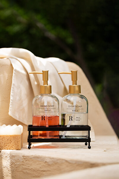 Rakle مجموعة موزع الصابون السائل من ديلي مكونة من قطعتين مع حامل مربع معدني أ...