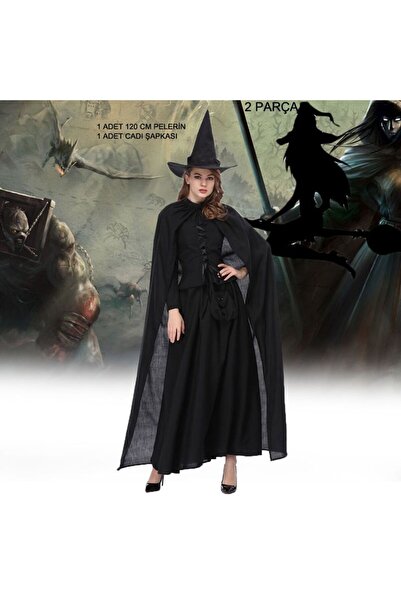 partidolu Halloween Siyah Renk 120 cm Witch Cadı Pelerini ve Şapkası 2 li Set...