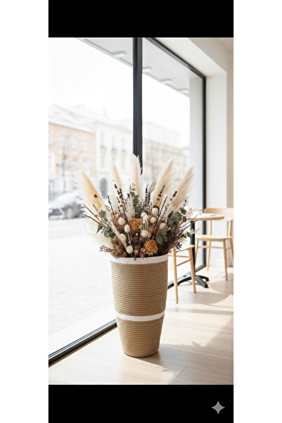 ARSLANER HOME Dekoratif Jüt Hasır El Yapımı Çiçek Pampas Vazosu Ve Saksı Kılı...