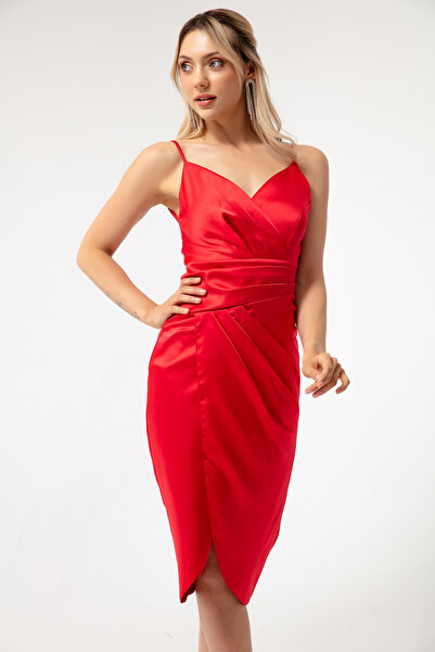 Lafaba Women's Red Slim Fit Double-Breasted Slit Midi Satin Evening Dress