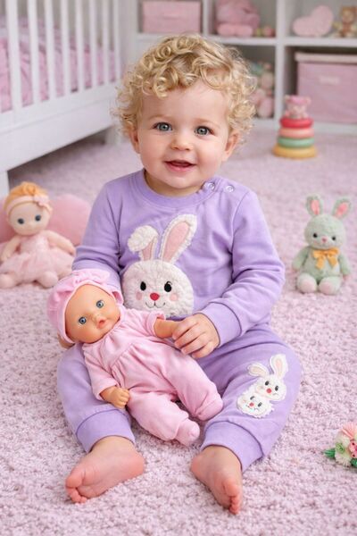 Mora Rabbit Embroidered Baby Girl Top and Bottom Set