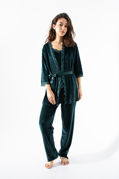 Ecrou Zümrüt Soft Velvet Three Quarter Sleeve Rope Strap Trousers 3 Piece Paj...