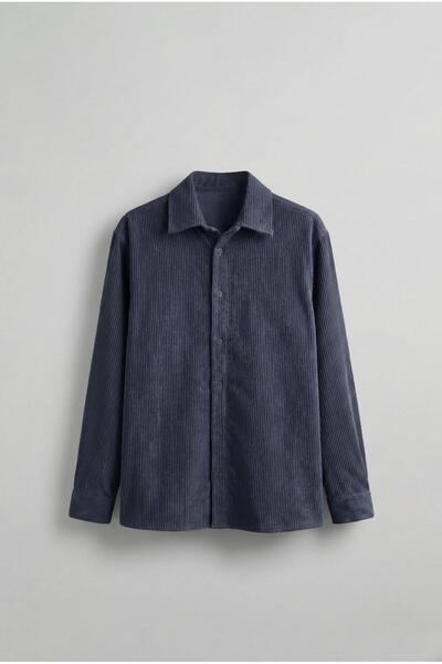 ablukaonline Men's Oversize Velvet Textured Long Sleeve Shirt Navy Blue