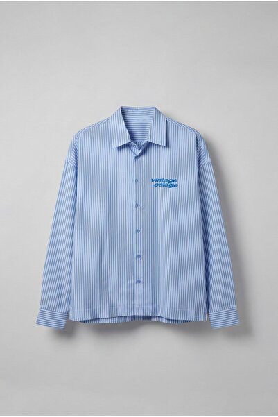 ablukaonline Men's Oversize Printed Long Sleeve Shirt Blue