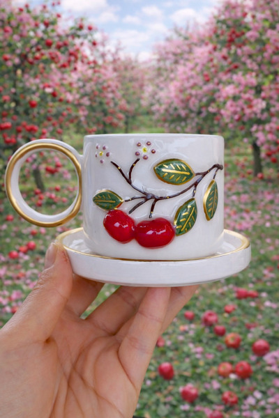 KOTYORA Kirazlı Hediyelik El Yapımı Seramik Duble Kahve Fincanı