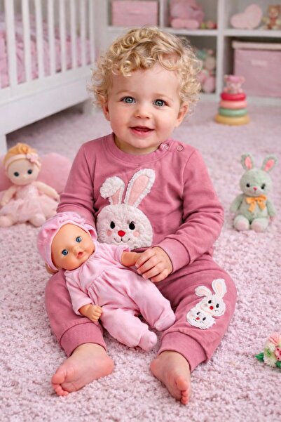 Mora Rabbit Embroidered Seasonal Baby Girl Top and Bottom Set