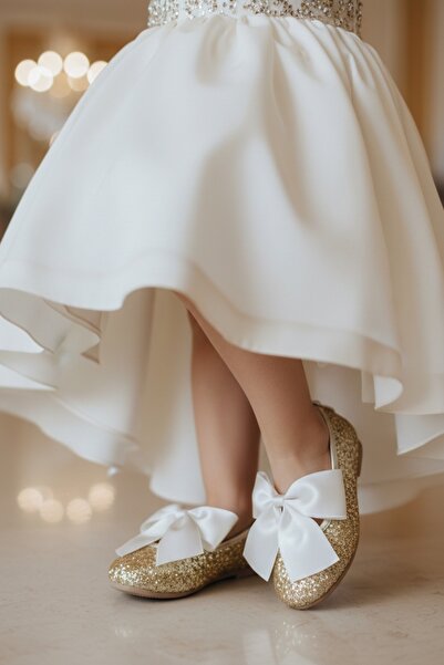 PATİK BEBE Kız Çocuk Altın Sim Papyon Fiyonklu Ortopedik Şık Babet