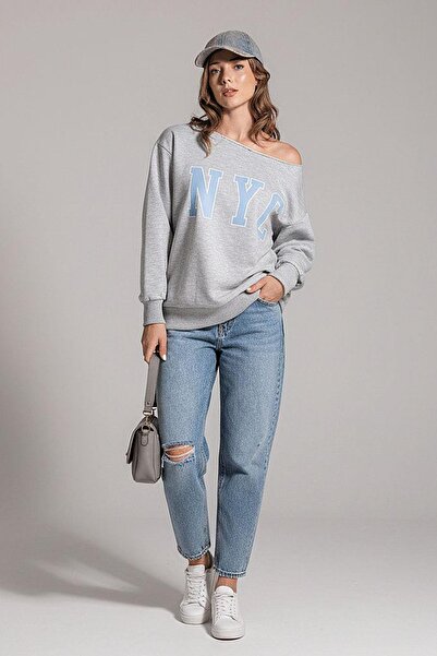 Seeh Сірий светр з великим коміром та принтом для жінок SH204